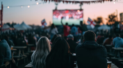 Obraz premium Sunset Soccer Celebration: Fans Cheer at Outdoor Festival, Flags and Lights Decorate Festive Scene.