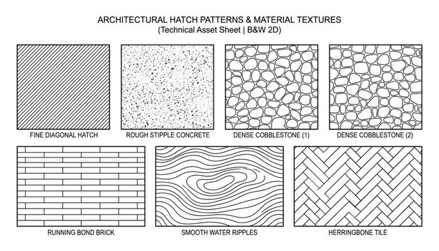 Architectural texture patterns, black and white hatch and tile designs, running bond brick, herringbone, cobblestone, vector.