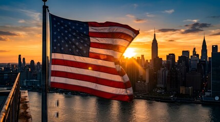 Naklejka premium American flag waving in front of new york city skyline at sunset patriotic symbolism