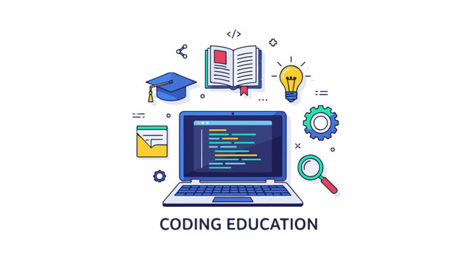 Computer coding education illustrated with icons for learning and development