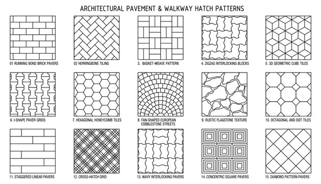Architectural pavement and walkway hatch patterns vector set. Tiling, paving, flooring design on transparent.