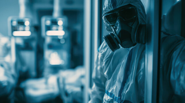 Medical Worker in ICU, Protective Gear, Blue and White Monochromatic Mood, Potential Use: Healthcare, Safety, Technology
