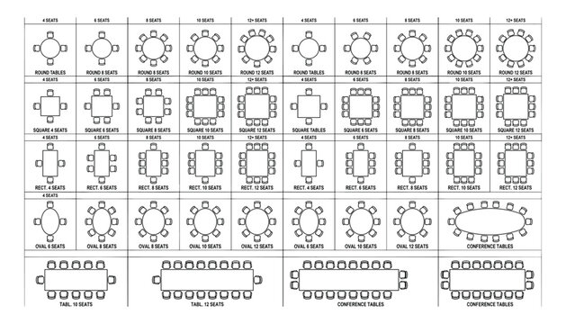 Various table and seating arrangements for meeting rooms vector transparent background.