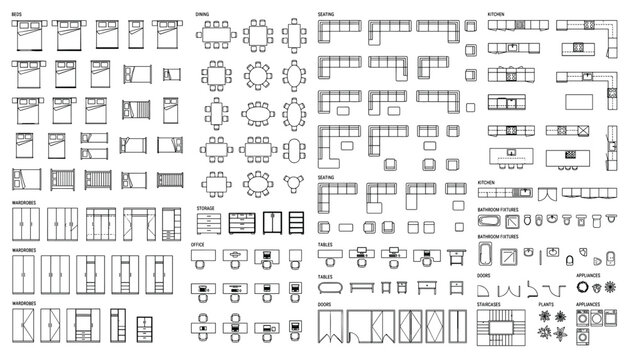 Various architectural elements and furniture plan views vector assets transparent.