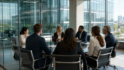 Fototapeta premium A diverse group of professionals engaged in a strategic meeting in a modern office overlooking the city skyline.