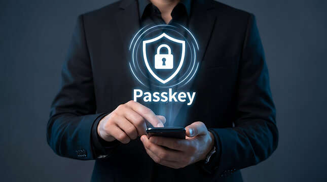 Businessman using smartphone passkey secure login cyber protection shield concept