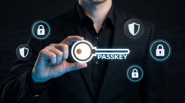 Businessman holding digital passkey cyber security passwordless access concept