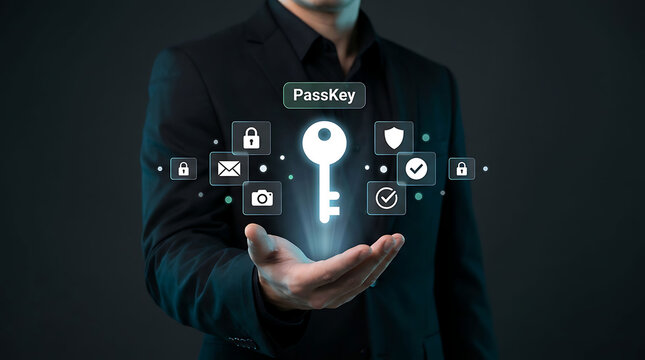 Businessman presenting glowing digital passkey authentication icon security concept