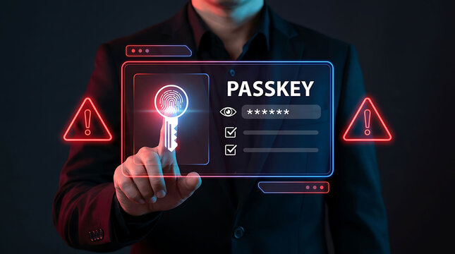 Businessman touching passkey login interface with alert warning security concept