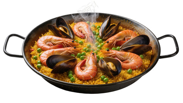 Seafood Paella with Shrimp and Mussels in a Pan
