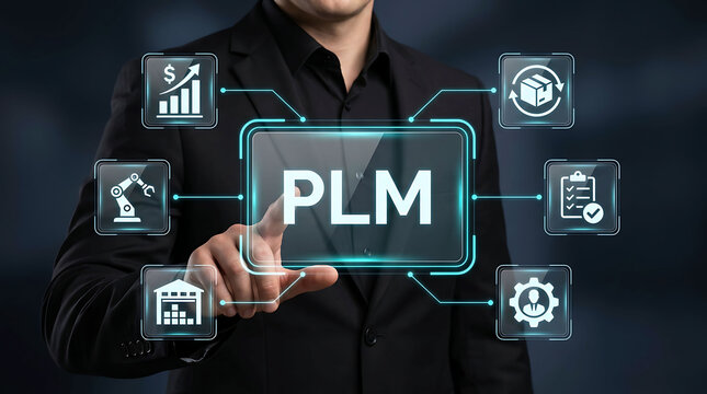 Businessman typing on laptop with PLM product lifecycle management interface screen