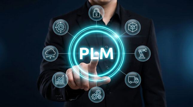 Businessman holding tablet with PLM product lifecycle management global interface