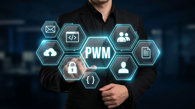 Businessman touching PWM private wealth management hexagon virtual icons interface