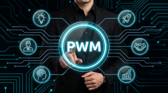 Businessman touching PWM private wealth management hexagon virtual icons interface