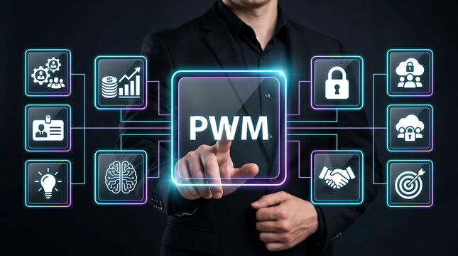 Businessman touching PWM private wealth management hexagon virtual icons interface
