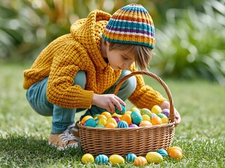 Obraz premium Child collects colorful eggs from a basket in a sunny garden during an outdoor Easter egg hunt on a spring day