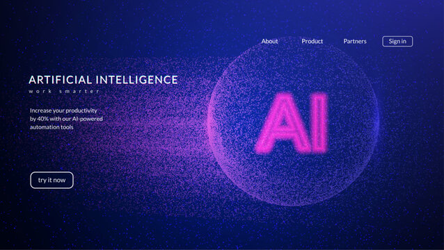 AI Particle Globe Background. Digital Dot Sphere With Gradient. 3D Tech Bg For World Data Concept. Bigdata Visualization With Modern Structure Layout. Blue And Purple AI Particle Globe