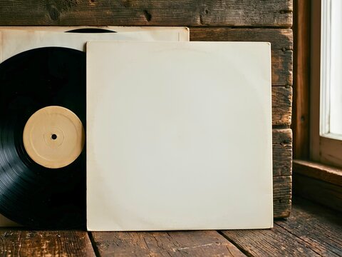 Blank vinyl record sleeve mockup on rustic wood background - Vintage music album cover template - Nostalgic retro flat lay photo