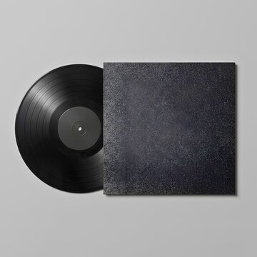 Blank black vinyl record sleeve with LP record mockup - Vintage music album cover template - Minimalist retro object flat lay