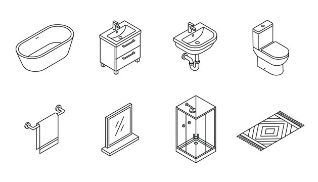 Isometric bathroom objects vector set with bathtub sink vanity toilet shower towel mirror and rug, transparent background illustration.