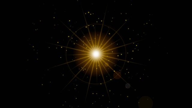 Golden Sun Orb with Radiant Light Rays and Floating Dust Particles Shimmering on Black Background for Cinematic Overlay