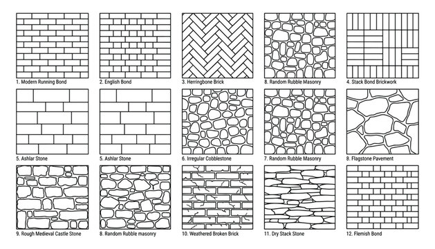 Seamless brick and stone wall texture patterns vector including running bond english bond herringbone ashlar random rubble fieldstone dry stack weathered broken transparent.