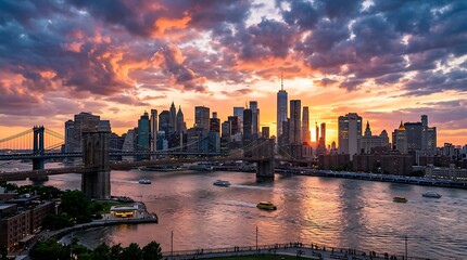 Fototapeta premium New York City Skyline Sunset Water.
