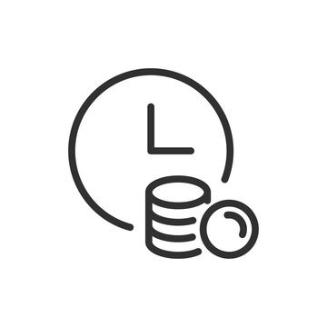 Coins with clock, linear style icon. Delayed payment and financial deadline. Editable stroke width. (1)