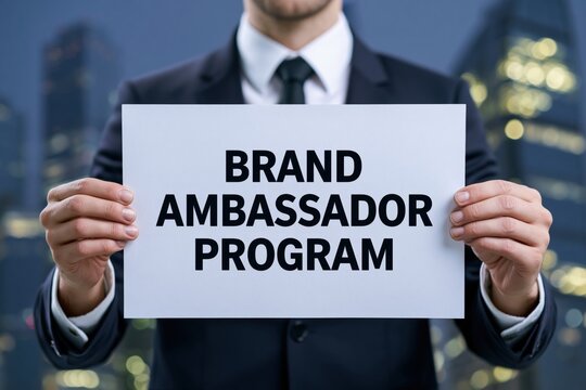 Businessman holding a white paper sign with brand ambassador program concept