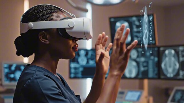 African American female doctor using VR headset to analyze medical scans