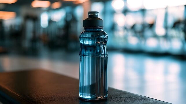 A clear water bottle sits in a bright blurred indoor setting symbolizing health and fitness hyd n