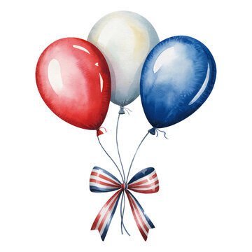 Three helium balloons in red, white, and blue are tied together with a matching ribbon.