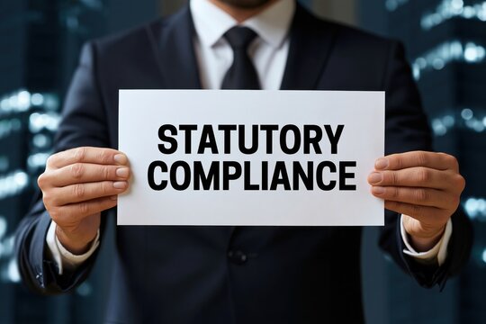 Businessman holding a white paper sign with statutory compliance concept