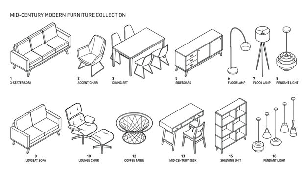 Mid-century modern furniture collection vector isometric objects on transparent background for interior design and illustration.