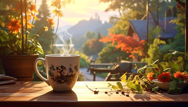 A warm cup of steaming beverage sits on a wooden table, overlooking a tranquil scene of foliage, houses, and mountains