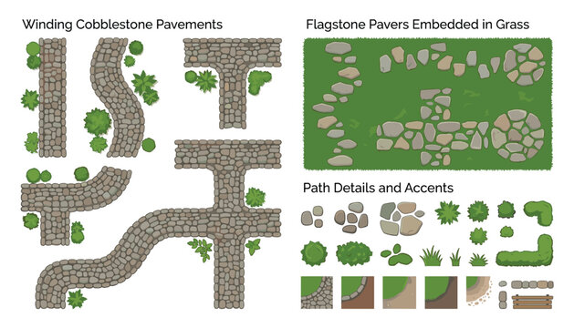 Vector cobblestone and flagstone path elements with grass and plants for landscaping and garden design, isolated transparent.