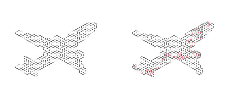 Airplane hexagonal maze with solution. Aircraft silhouette hex labyrinth, black and white flat vector puzzle game
