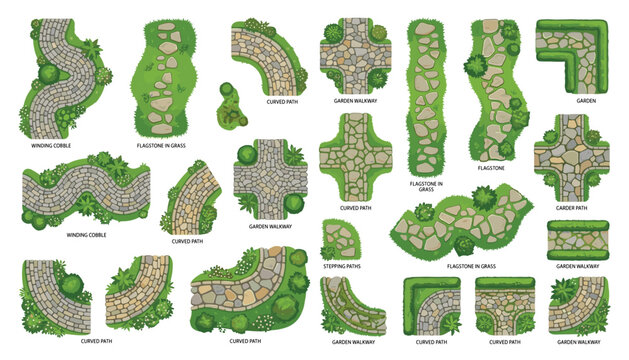 Collection of garden path and walkway design elements with cobblestone flagstone and grass transparent vector.