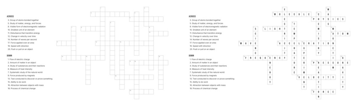 Science and physics crossword puzzle game with clues and solution