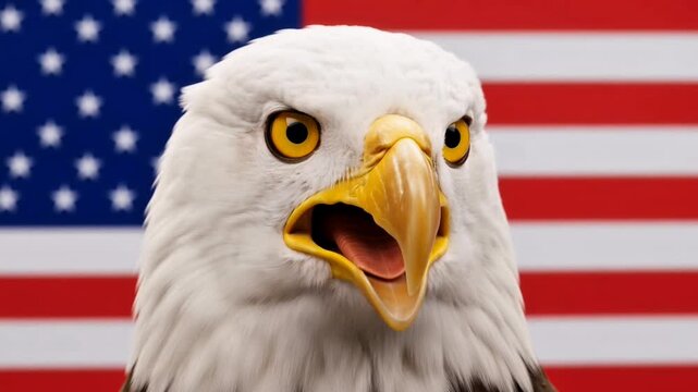 Majestic Bald Eagle Squawking with American Flag in Background