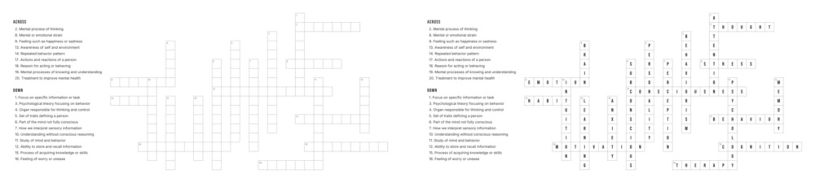 Psychology Crossword Puzzle Game with Clues and Solution