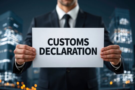 Businessman in a dark suit holding a white sign with customs declaration text