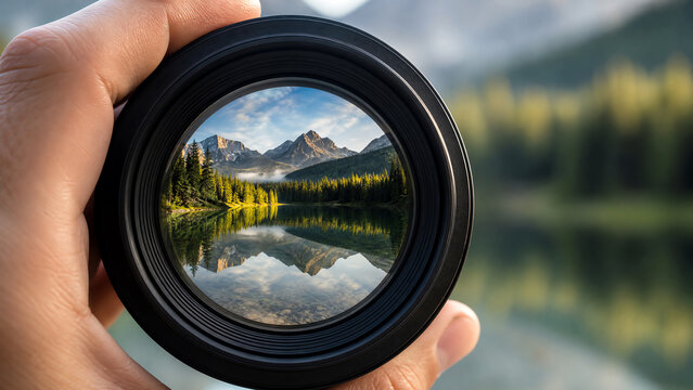 A stunning view of mountains and a lake captured through a camera lens, showcasing nature's beauty and tranquility.