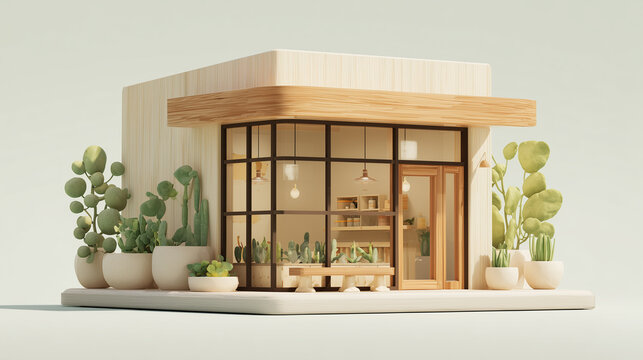 観葉植物に囲まれたエコでモダンなセレクトショップ・カフェの3Dイラスト
