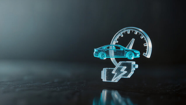 Premium glowing holographic electric vehicle icon with speedometer and battery charge symbol, EV charging clean energy technology concept, editorial blue background with copy space