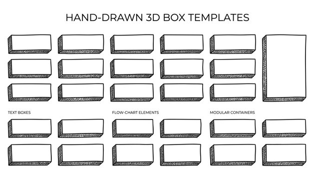 Hand drawn 3d box templates collection, different sizes and styles including text boxes, flow chart elements, modular containers, transparent background.