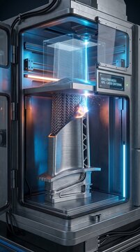 Industrial Metal Additive Manufacturing Machine Cross-Section Showing Laser Sintering 3D Printing Process with Aerospace Component Build Chamber and Layered Metal Structure