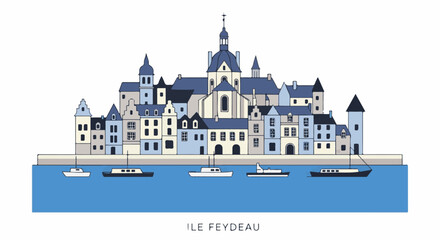 Fototapeta premium Row of quaint European buildings along a blue harbor with boats