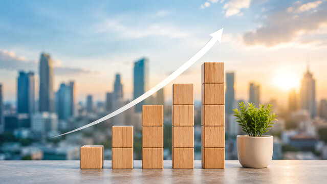 A wooden block chart symbolizes growth against a city skyline backdrop, showcasing progress and prosperity in a modern business environment.