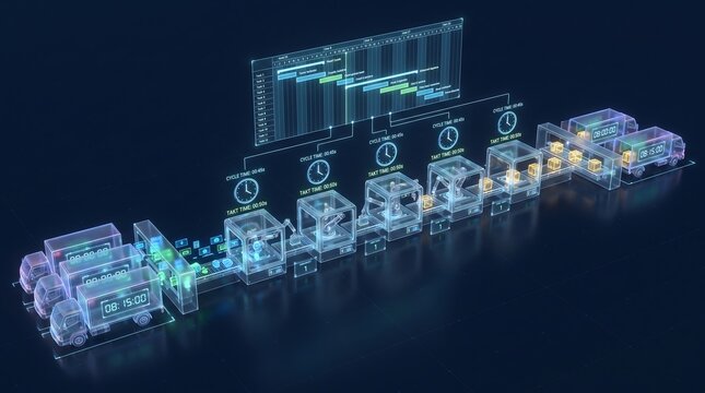 Just-in-time manufacturing flow visualization, lean production supply chain pipeline with synchronized factory logistics, minimal inventory buffers and takt time indicators